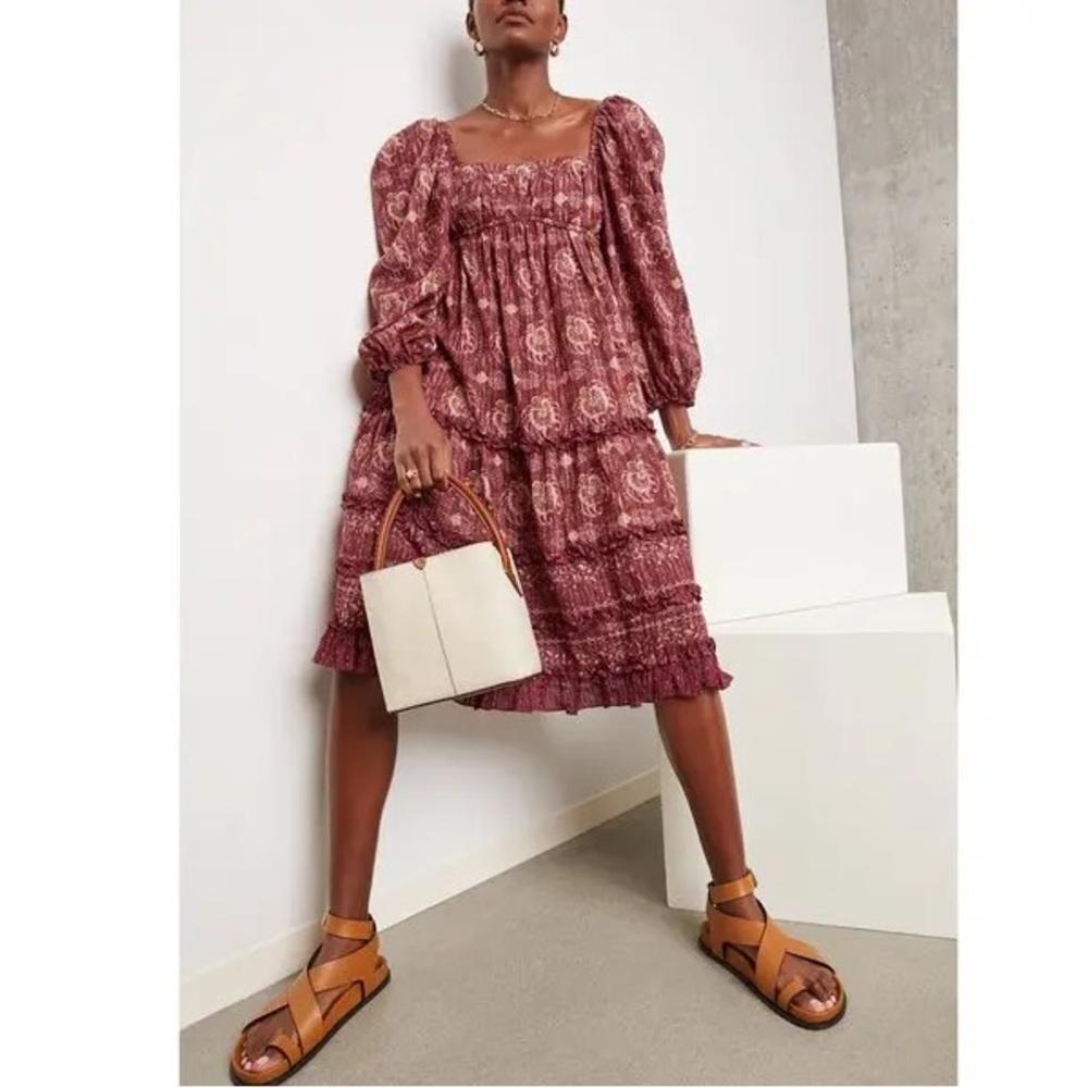Ulla Johnson Aina Midi Dress Amaranthus Floral Square Neck Puff Sleeves‎ Size 2